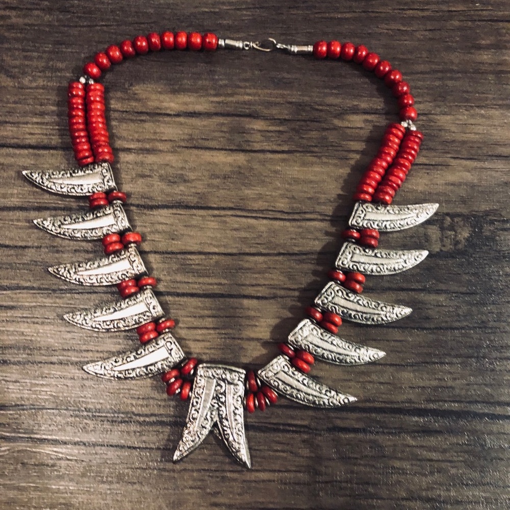 Exotic Bright Red & Silver Banjara Style Necklace